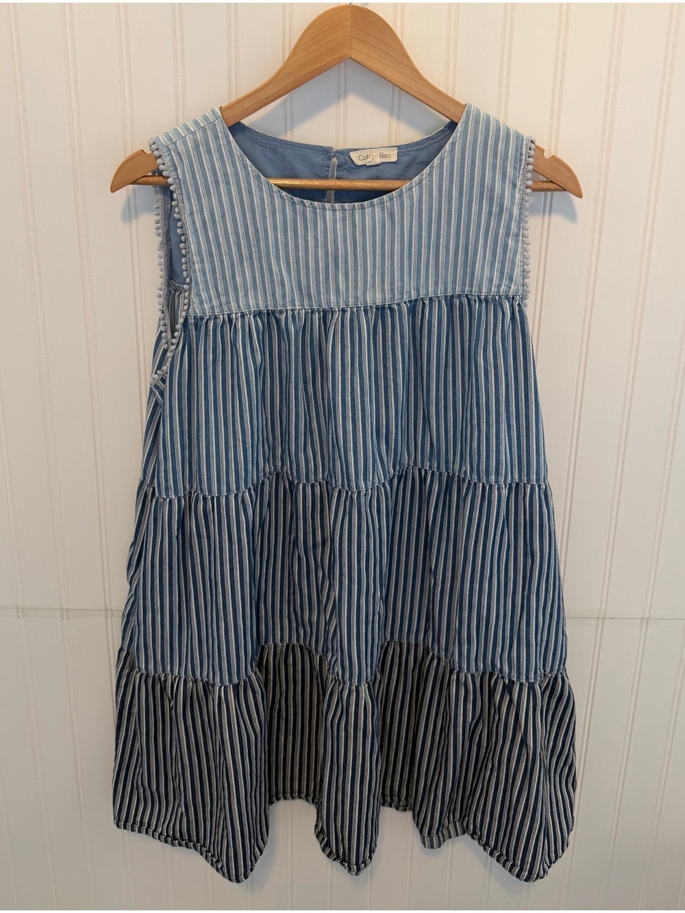 Cotton Bleu Ocean Waves Tiered Cotton Dress 2-Toned Stripes Blue Sz Medium